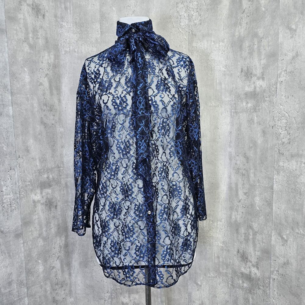 Vintage Black Blue Lace Sheer Long Button‎ Front Blouse Pussycat Bow Collar